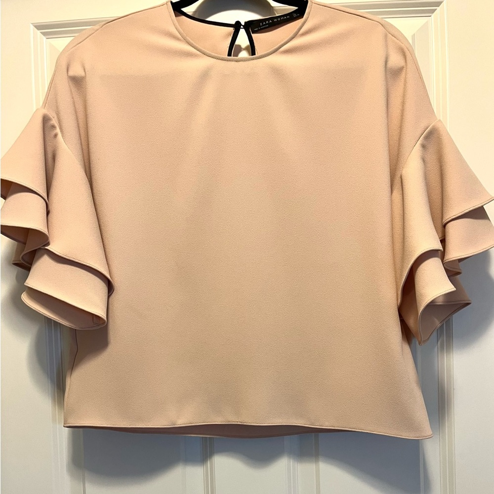 Zara Beige Ruffle Sleeve Top - XS